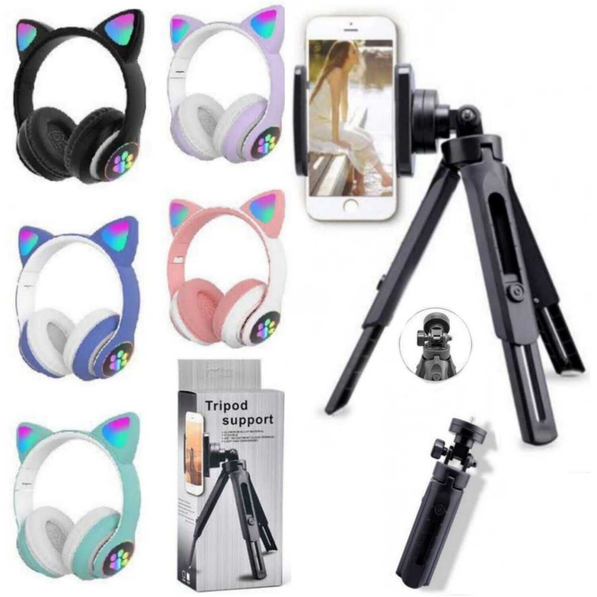 GENERICO - Audífono Bluetooth Gato  Trípode para Celular
