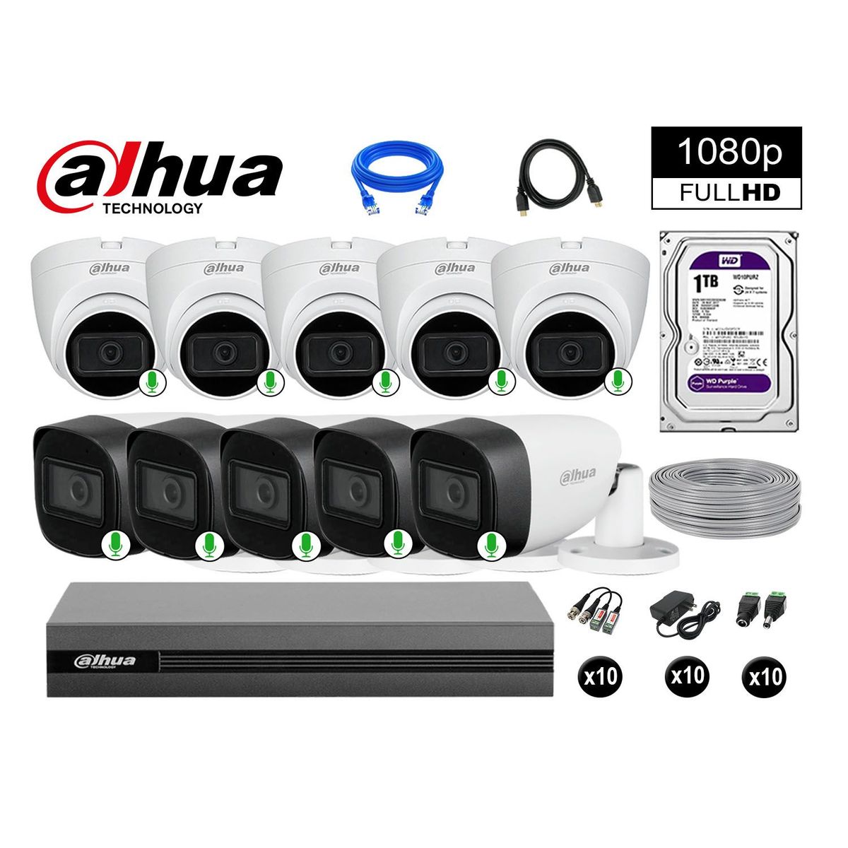 DAHUA - CÁMARAS SEGURIDAD KIT 10 FULL HD 1080P CON AUDIO INCORPORADO 1TB