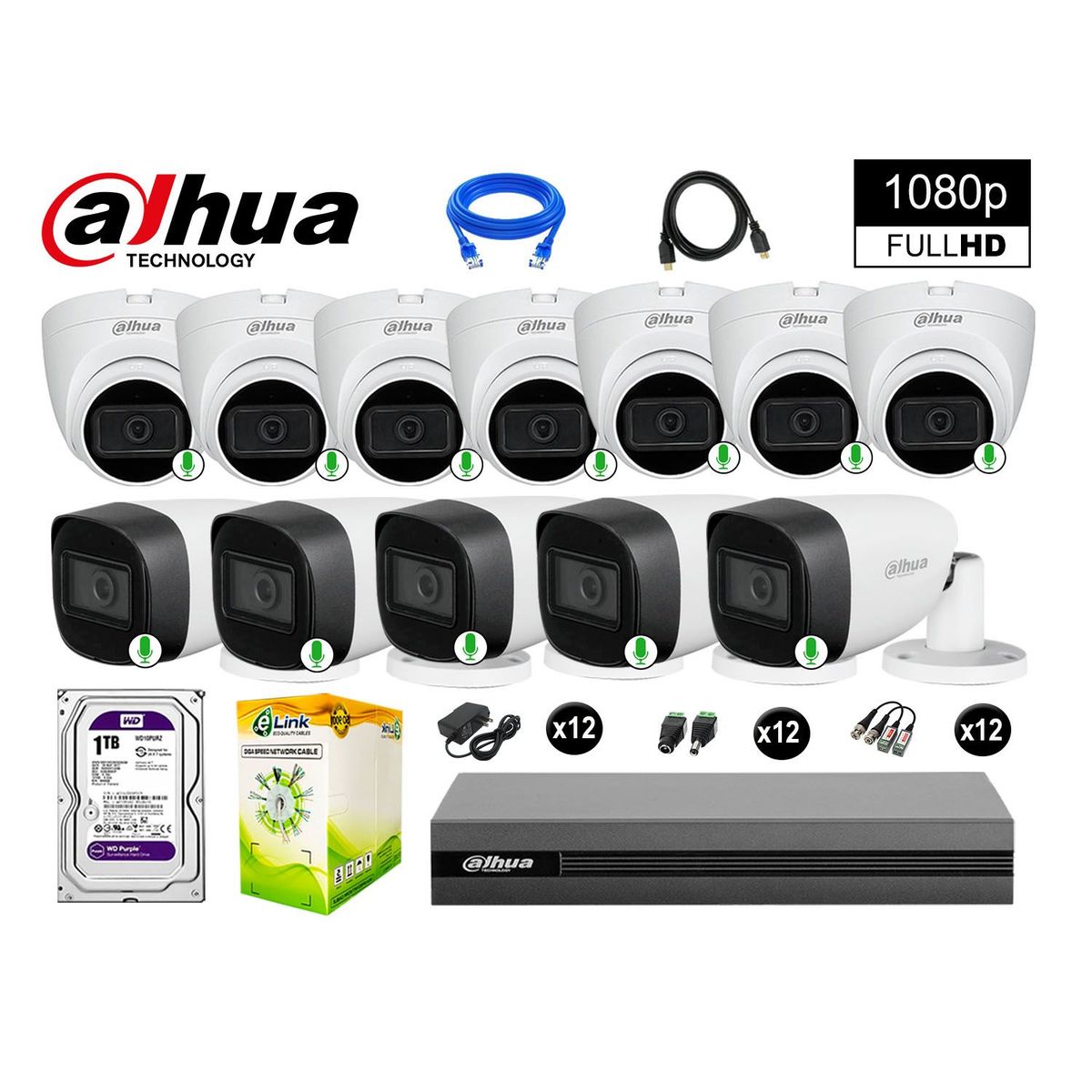 DAHUA - CÁMARAS SEGURIDAD KIT 12 FULL HD 1080P CON AUDIO INCORPORADO 1TB