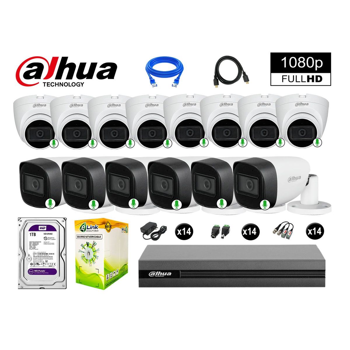 DAHUA - CÁMARAS SEGURIDAD KIT 14 FULL HD 1080P CON AUDIO INCORPORADO 1TB