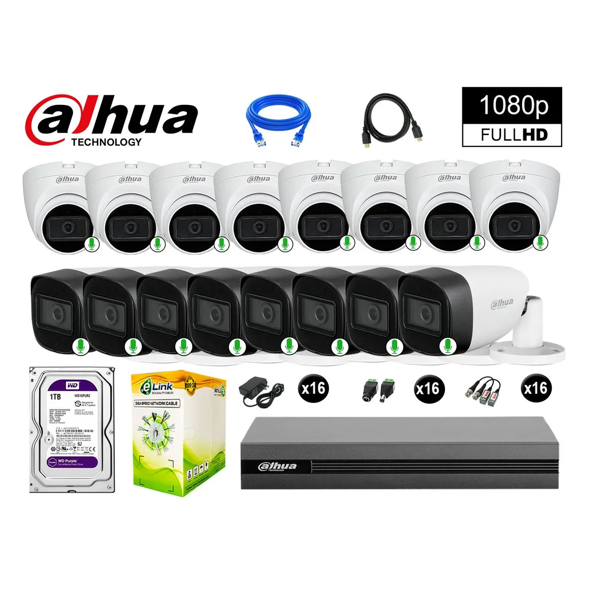 DAHUA - CÁMARAS SEGURIDAD KIT 16 FULL HD 1080P CON AUDIO INCORPORADO 1TB