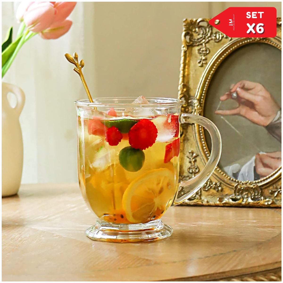 INSPIRA MARKET - Set x 6 tazas de vidrio para bebidas cafe cerveza grande