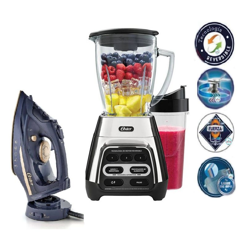 OSTER - Licuadora Tecnología Reversible Negro y Plancha de vapor Oster 2 en 1