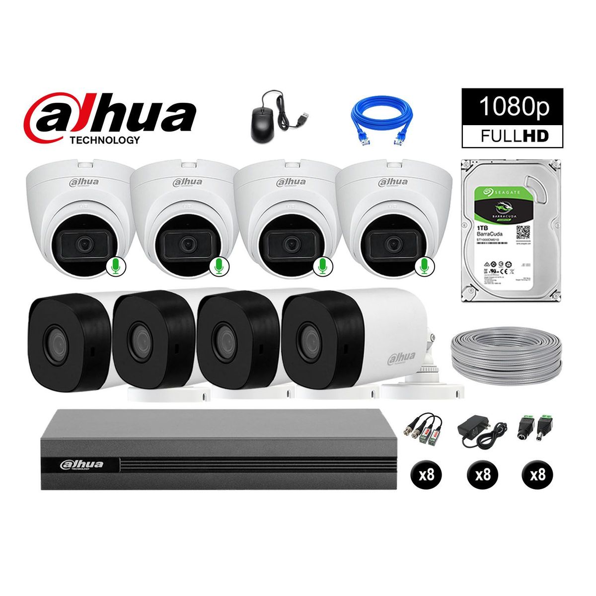 DAHUA - CÁMARAS SEGURIDAD KIT 8 FULL HD 04 CAMARA CON AUDIO INCORPORADO 1TB