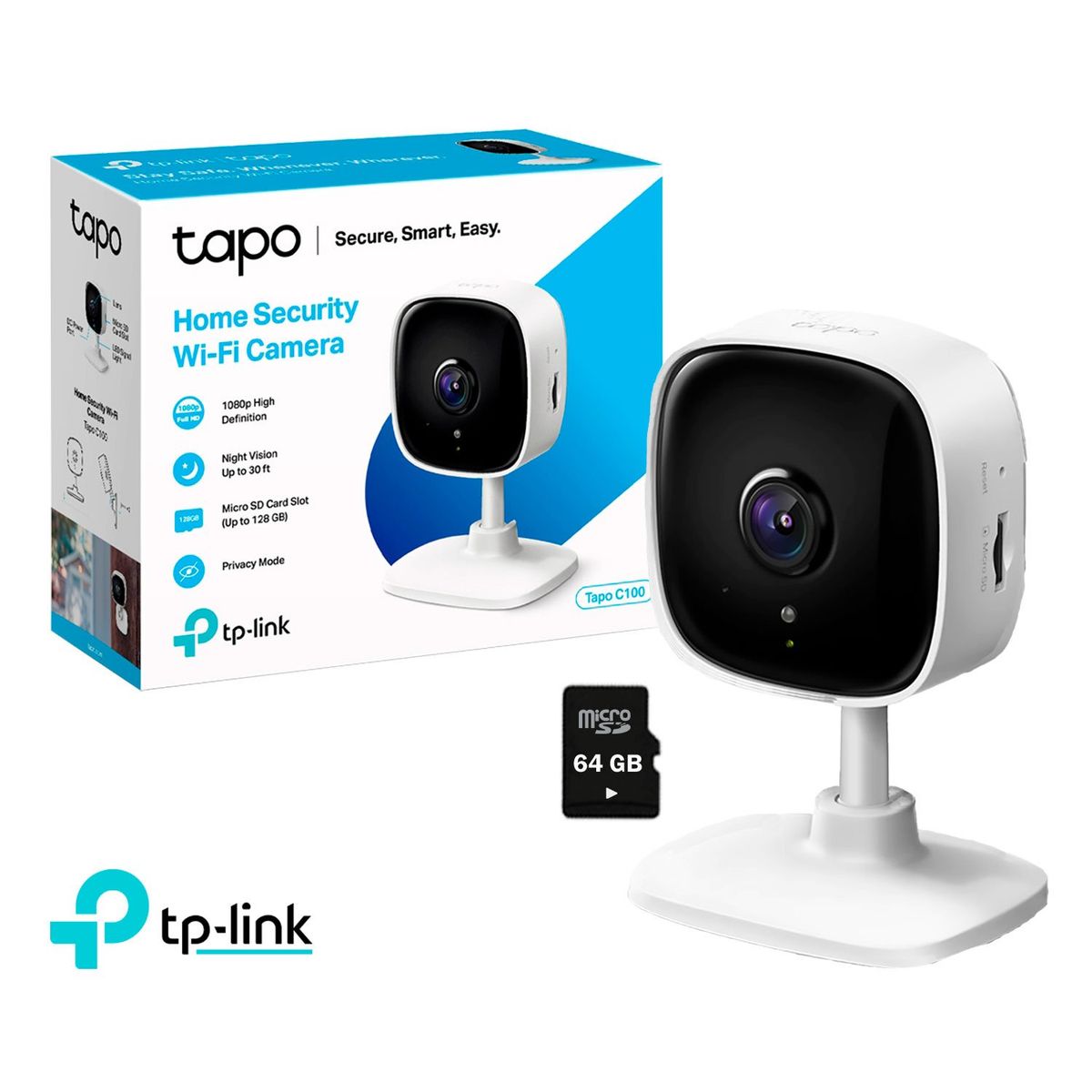 TP LINK - Cámara de Seguridad Wi-Fi Tapo C100 1080P Interior + SD 64GB