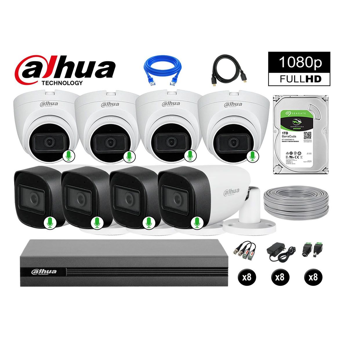 DAHUA - CÁMARAS SEGURIDAD KIT 8 FULL HD 1080P CON AUDIO INCORPORADO 1TB
