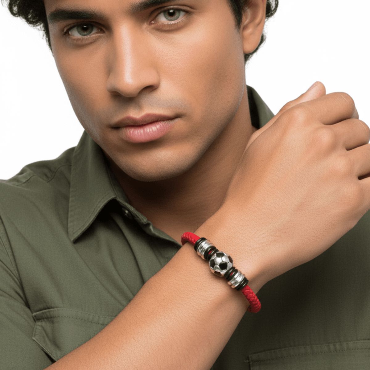 GENERICO - Brazalete Pulsera de Cuero Vacuno para Hombre Modelo Soccer Ball