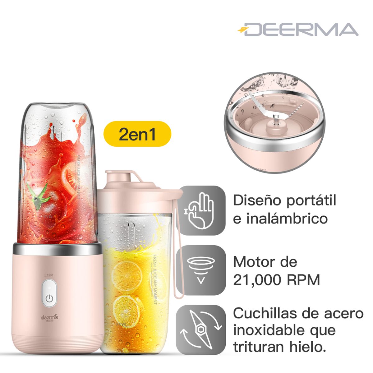 DEERMA - Licuadora Inalámbrica Portatil Acero Inoxidable 400 ml Rosa 140W
