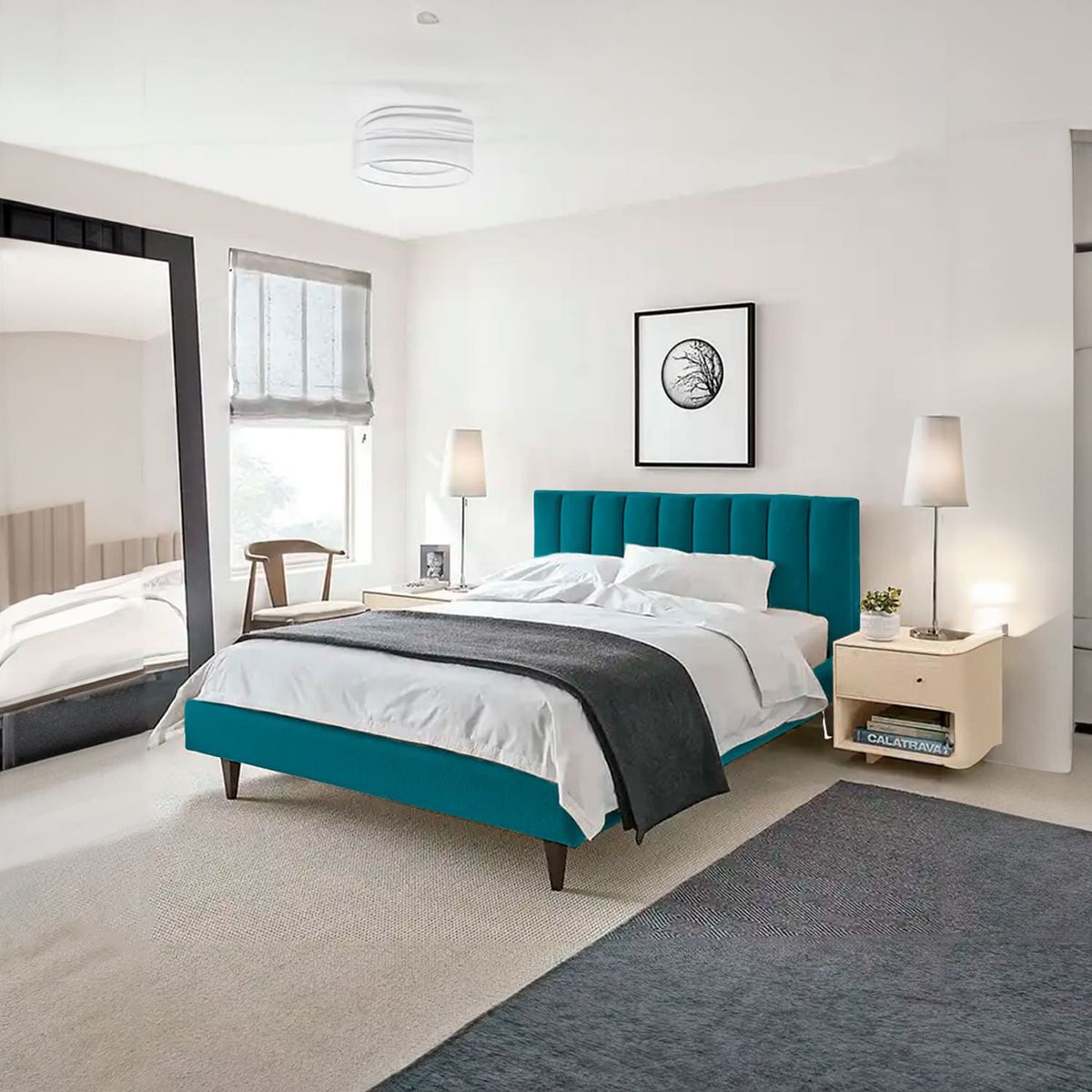 GENERICO - Cama Tapizada Marilia 2 Plazas color Petróleo