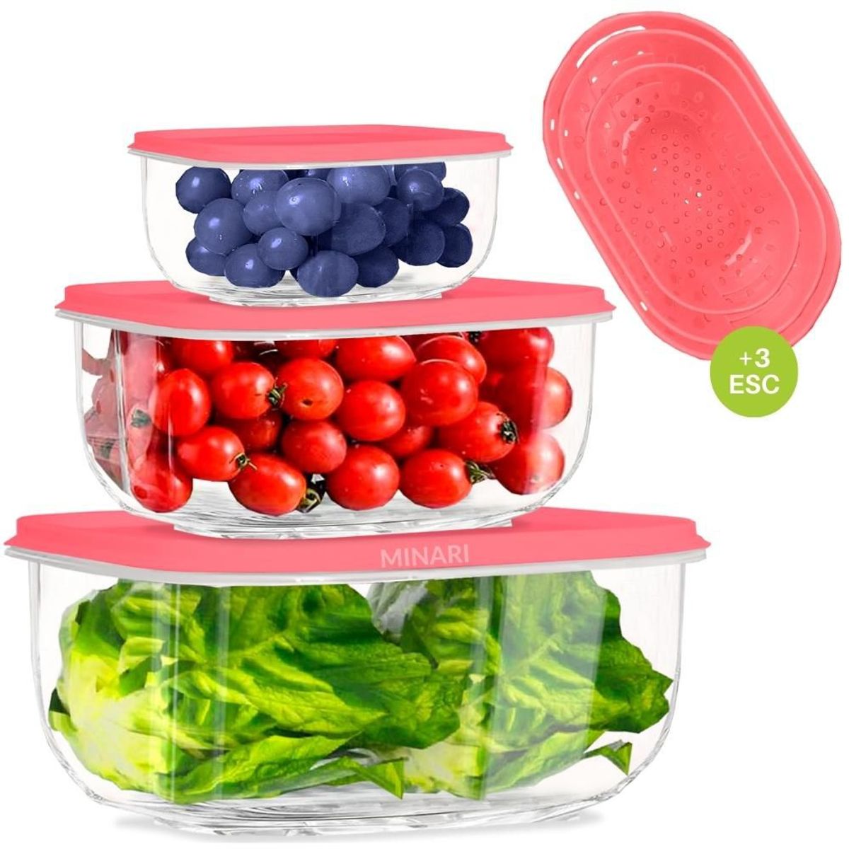 MINARI - Set de 3 Táper Hermético Contenedor Escurridor de Alimentos RS 602T