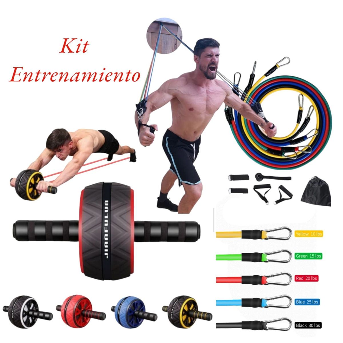 GENERICO - Set de 5 ligas resistencia elástica + Rueda Abdominal