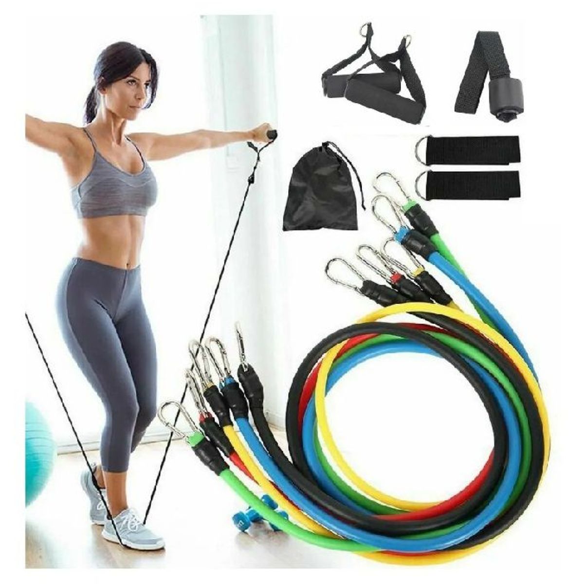 GENERICO - Set de 5 ligas resistencia elástica + Rueda Abdominal