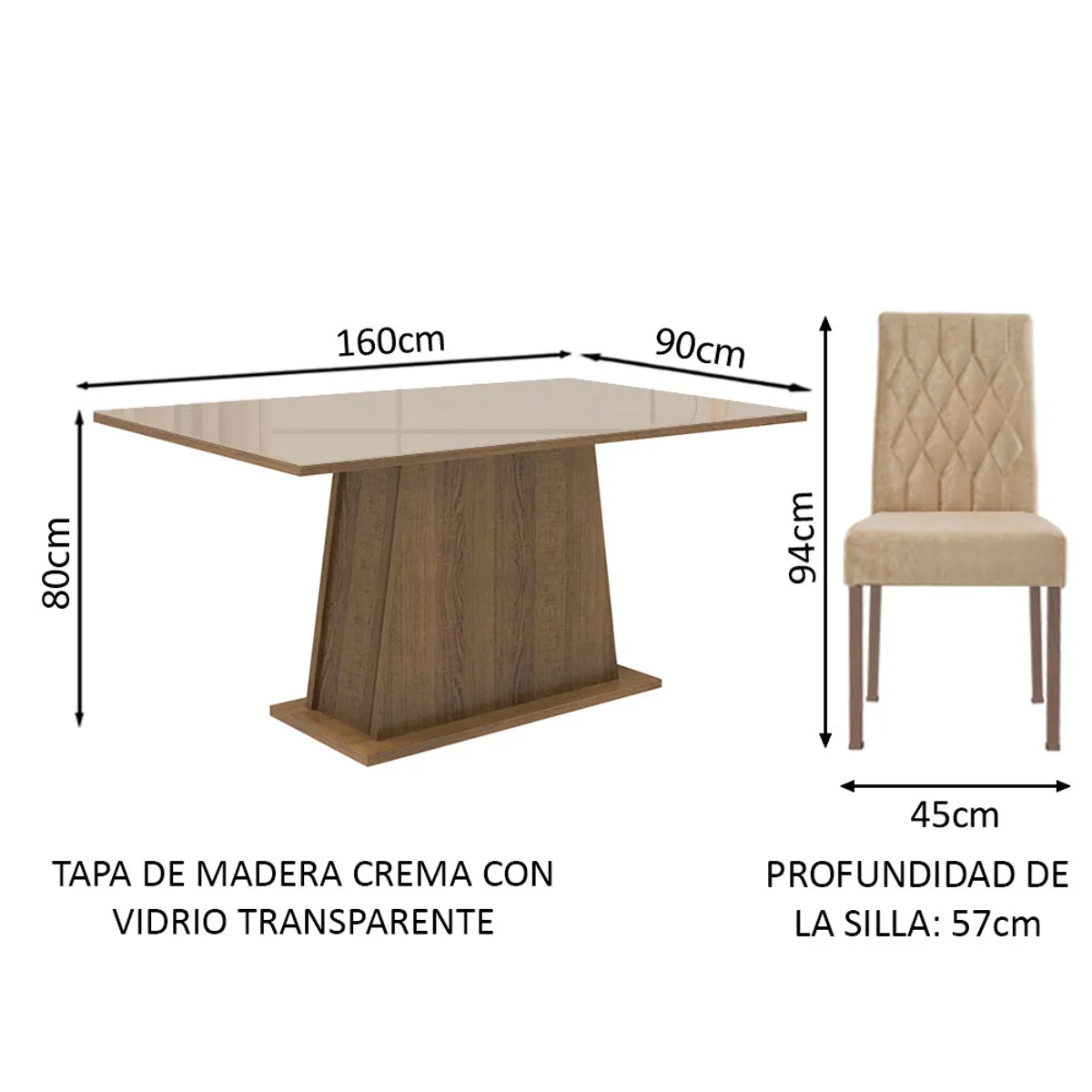 MADESA - Juego de Comedor Stéfani con 6 Sillas - Tablero de Madera y Cristal