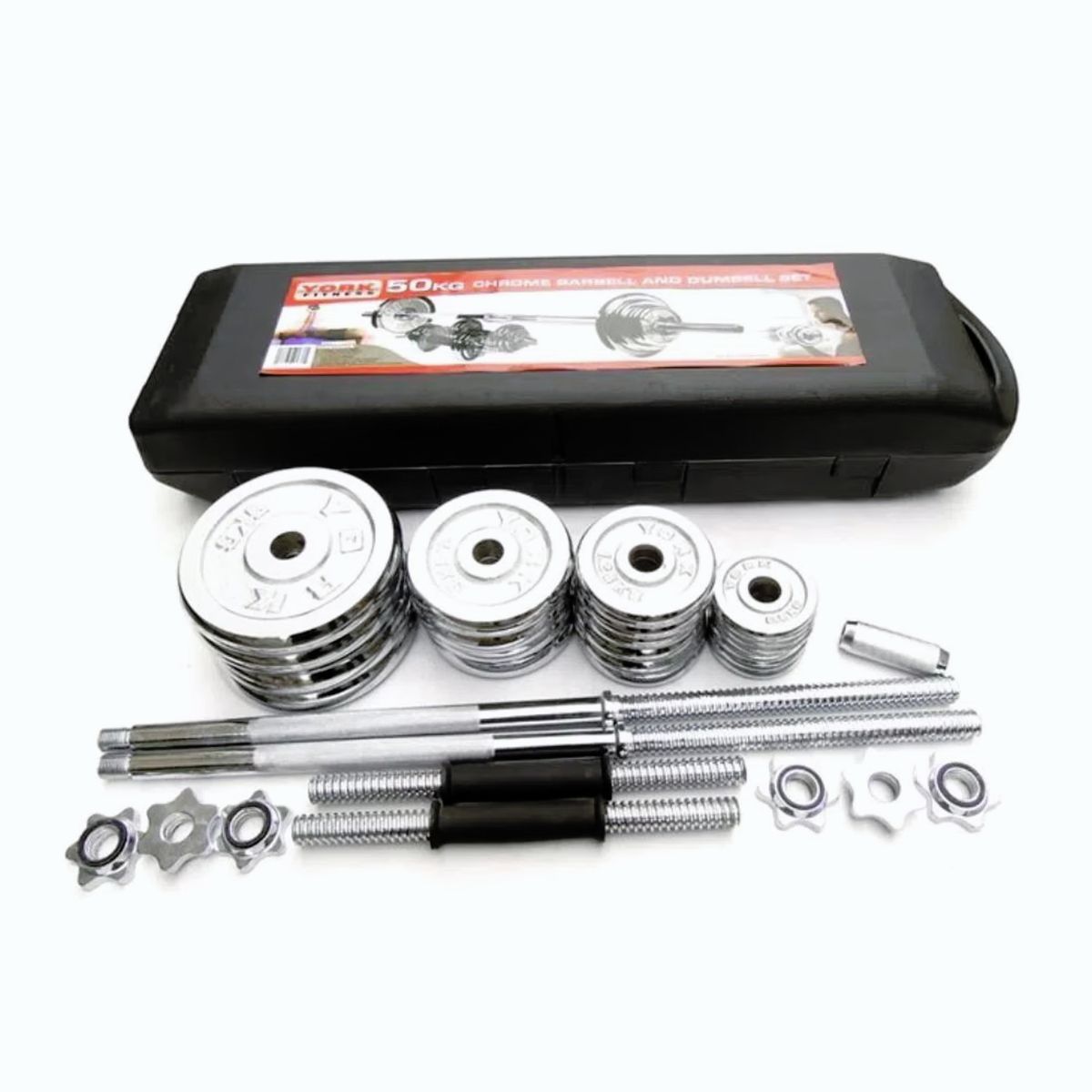 YORK - Set de Mancuernas York Fitness 50 kg Cromadas con Barra de 150 cm