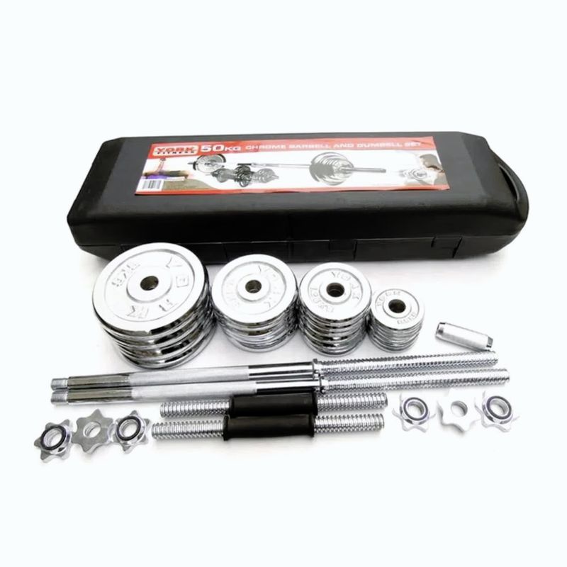 YORK - Set mancuernas York Fitness 50kg cromadas con barra de 150cm