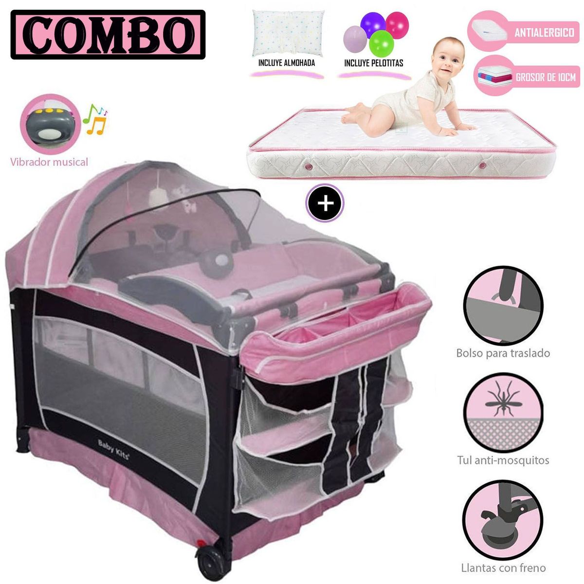 BABY KITS - Cuna Corral Baby Kits Verona Rosado Colchón 4 " Rosado