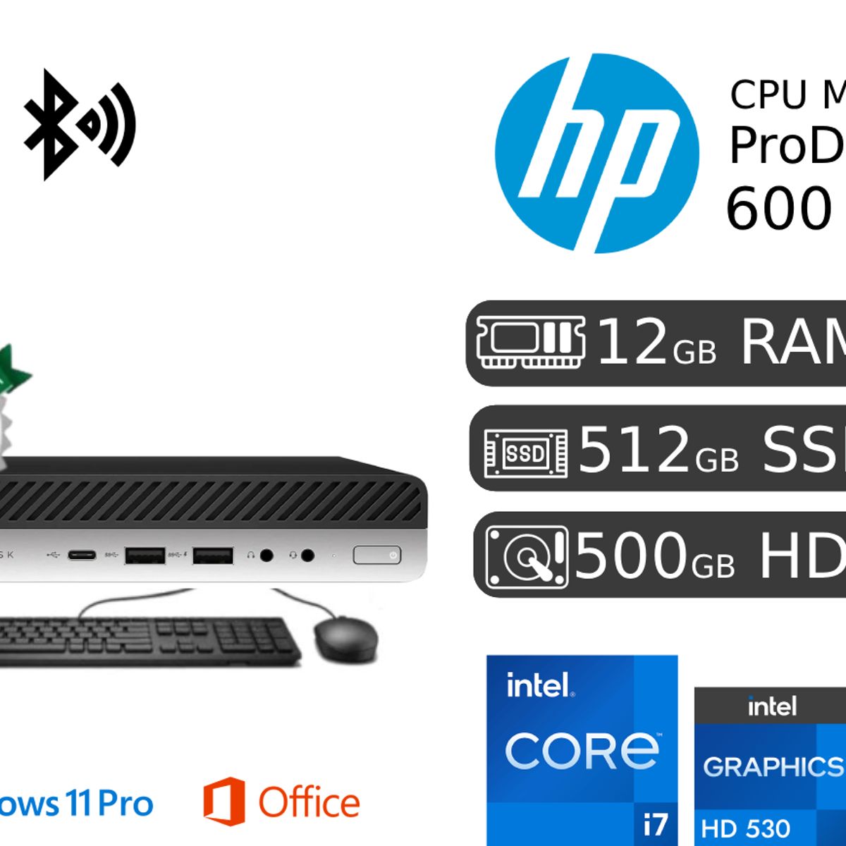DELL - HP ProDesk Mini 600 i7 12GB RAM 512GB SSD+ 500GB HDD ext + CABLE RED Wifi Blooth