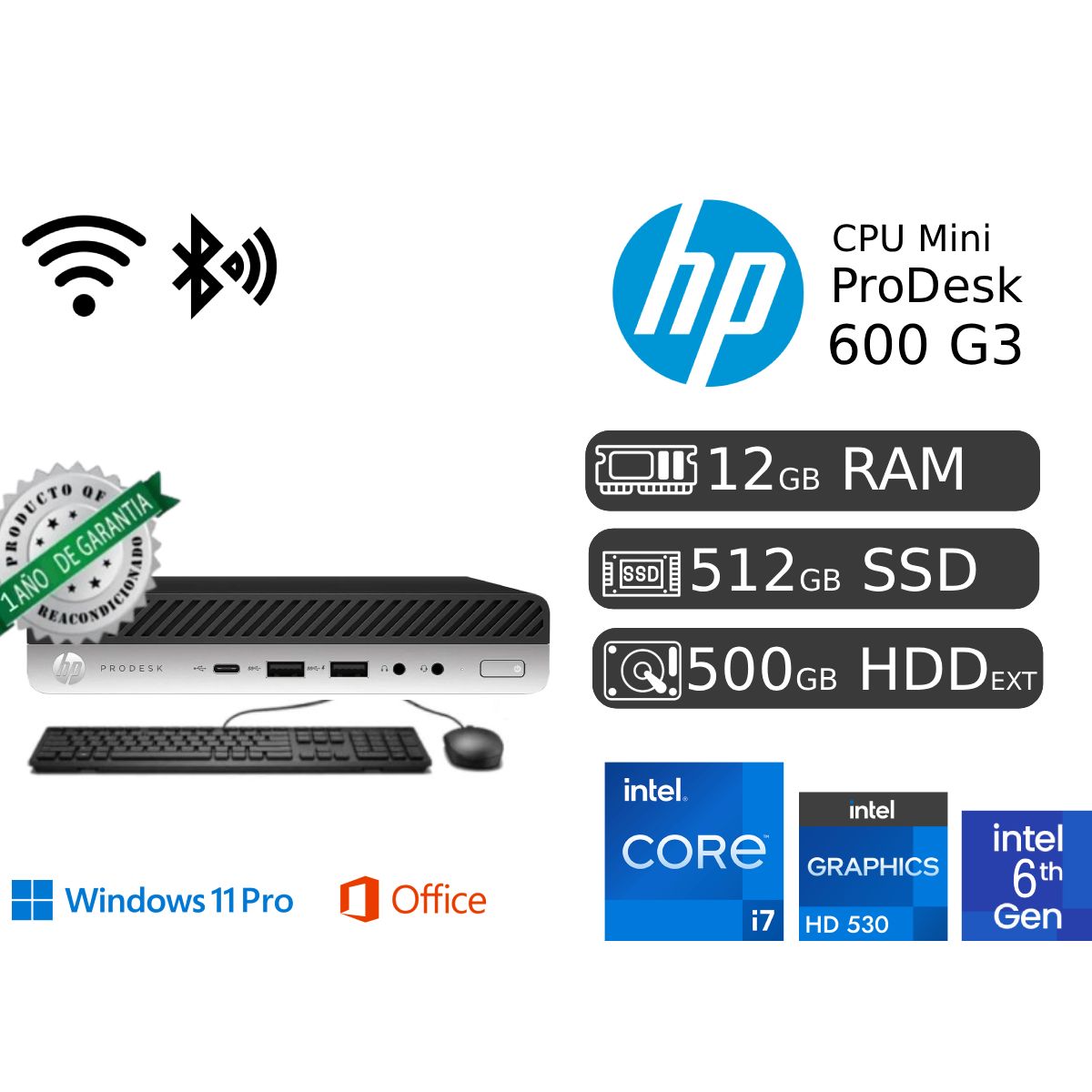 DELL - HP ProDesk Mini 600 i7 12GB RAM 512GB SSD+ 500GB HDD ext + CABLE RED Wifi Blooth