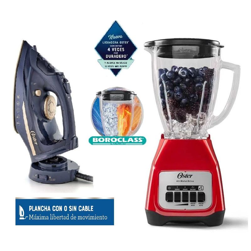 OSTER - Combo Licuadora Oster 2 Velocidades Rojo y Plancha de vapor 2 en 1