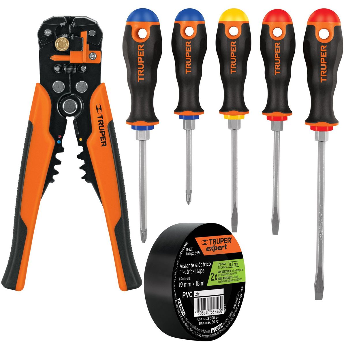 TRUPER - Alicate Pelacable ponchador automático 5 desarmadores cinta aislante