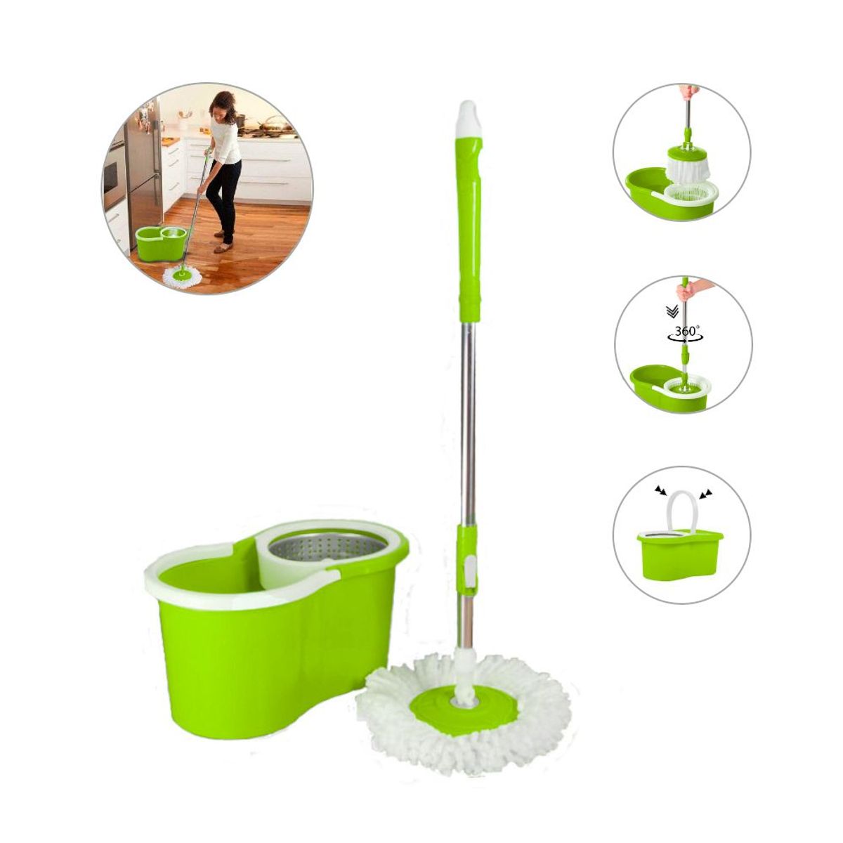 SASHIJA - Trapeador con Escurridor Giratorio Automático 2 Mopas Verde
