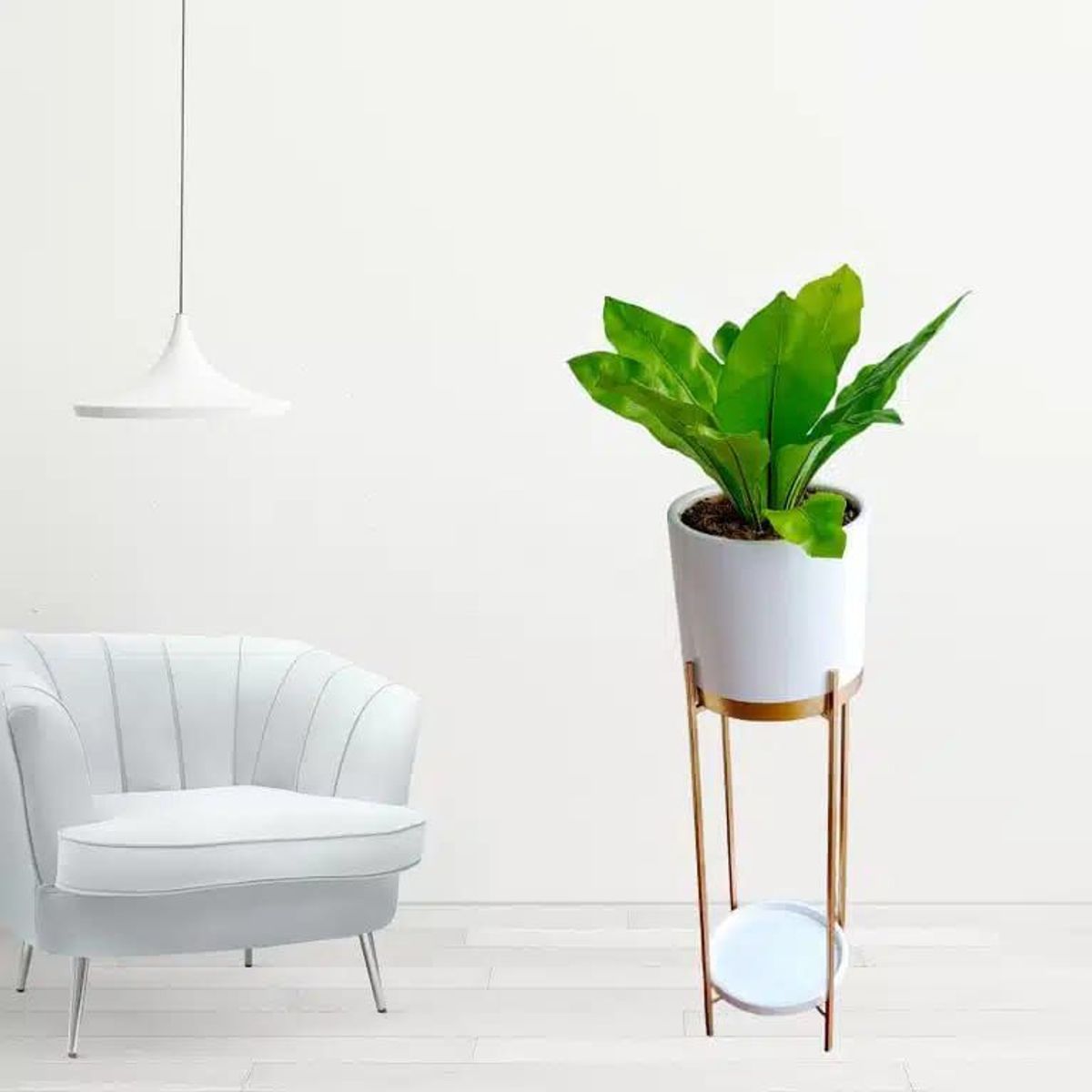 GENERICO - HELECHO ALEMAN EN MACETA BLANCA Y PEDESTAL DE FIERRO