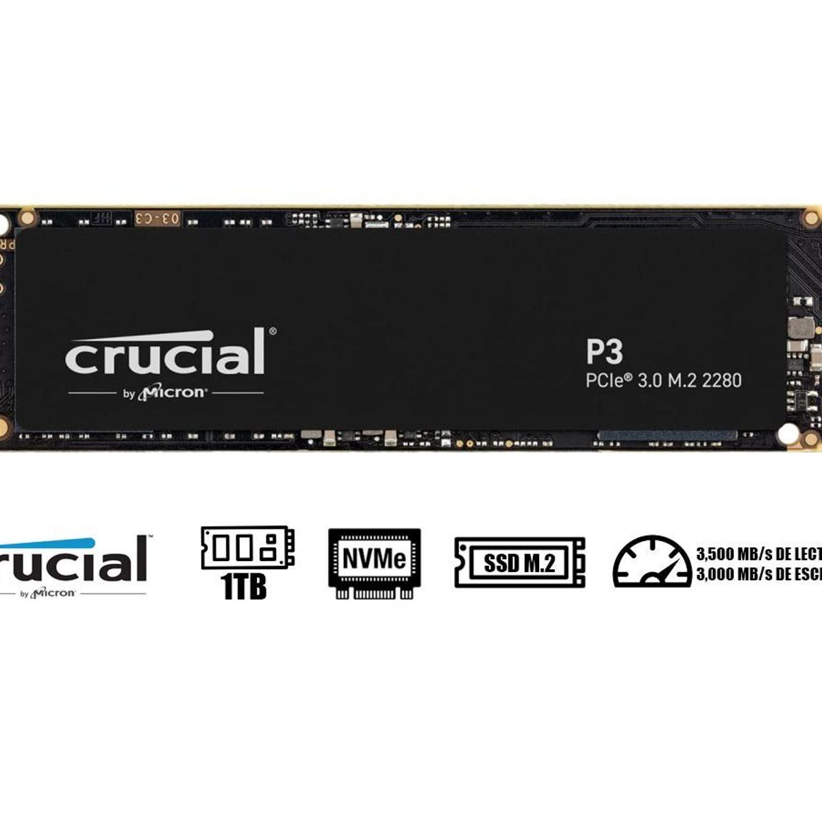 CRUCIAL - Disco Solido SSD Crucial P3 1TB PCIe 3.0x4 M2 2280 CT1000P3SSD8