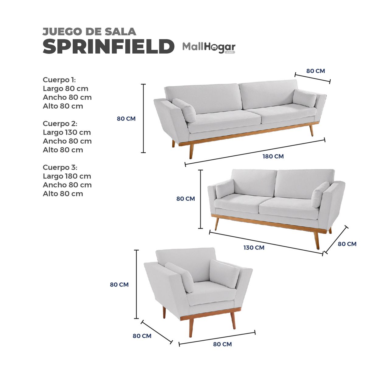 GENERICO - Juego de Sala Sprinfield 3-2-1 Color Gris Plata