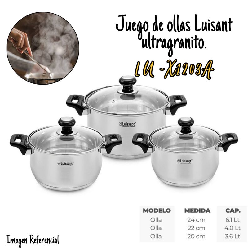 LUISSANT - Juego de Ollas Acero Inoxidable LUISSANT 6 piezas C/Tapa de Vidrio