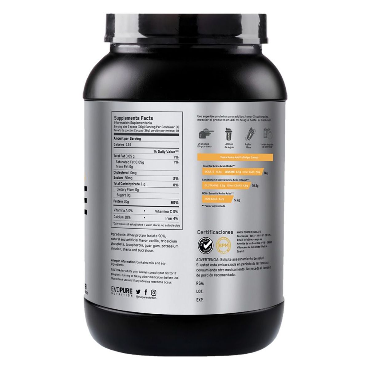EVOPURE NUTRITION - Proteína Evopure Isolate 3lb Vainilla Shaker