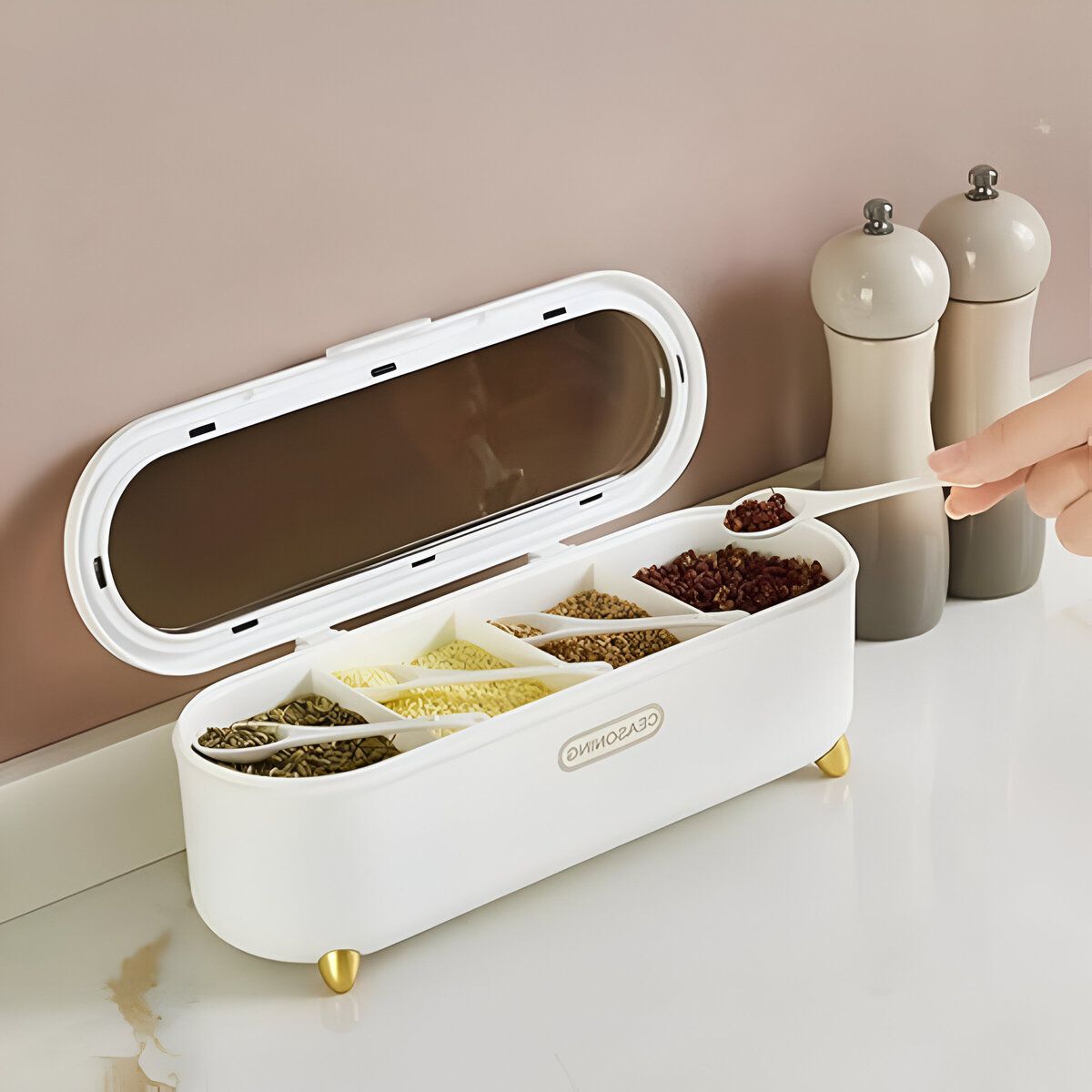 ELMEJORPRECIO - Organizador De Cocina Condimentero De 4 Divisiones Con Tapa Blanco