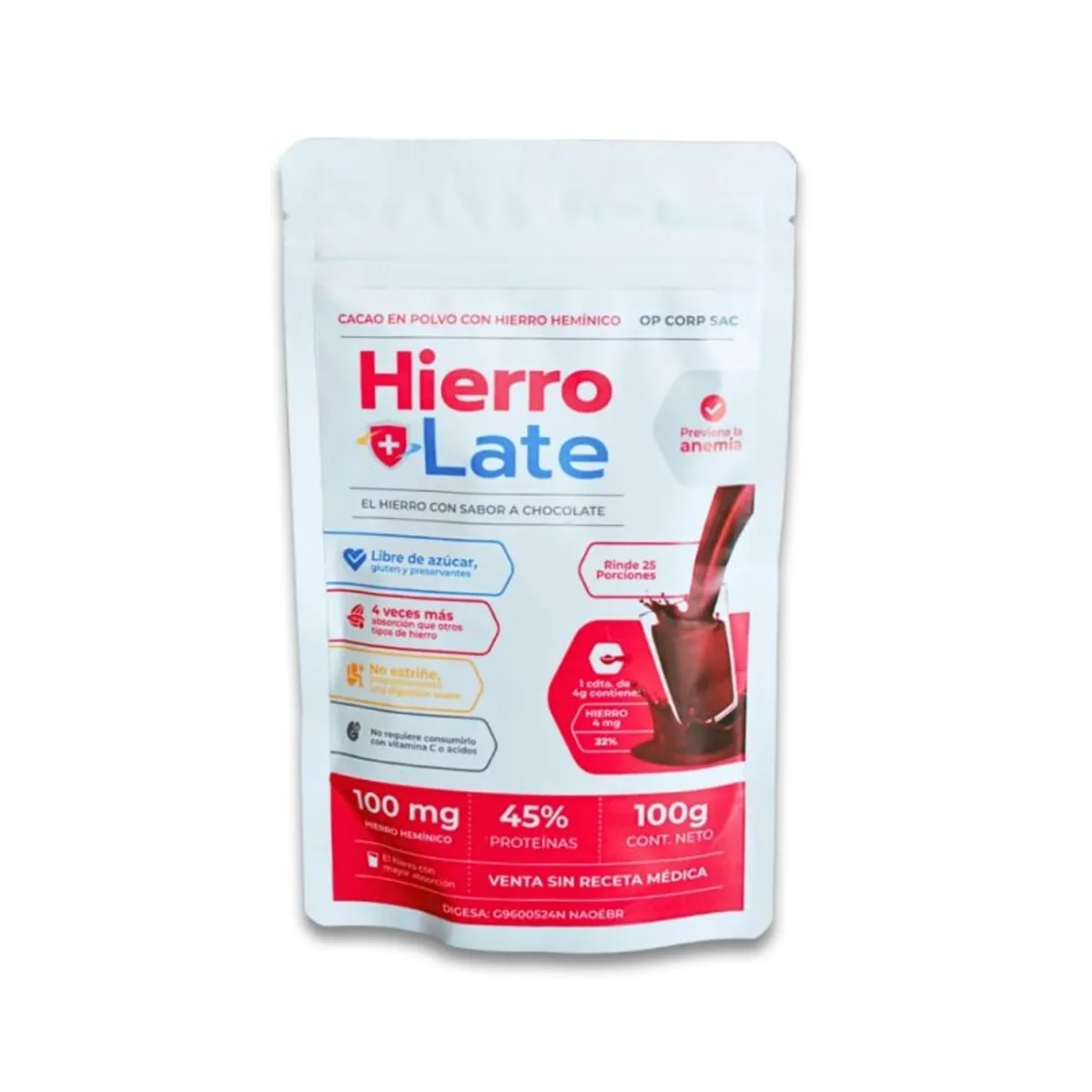 GENERICO - Hierro Late Cacao en Polvo con Hierro Hemínico x 100 gr- Andina Foods
