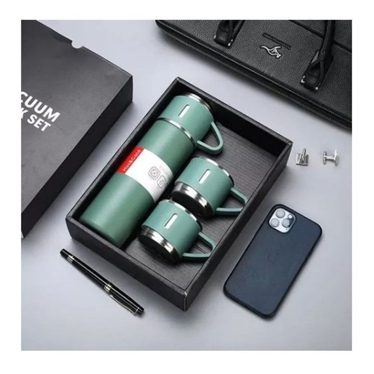 GENERICO - TERMO 500 ml +3 TAZAS VERDE AGUA de CALIDAD