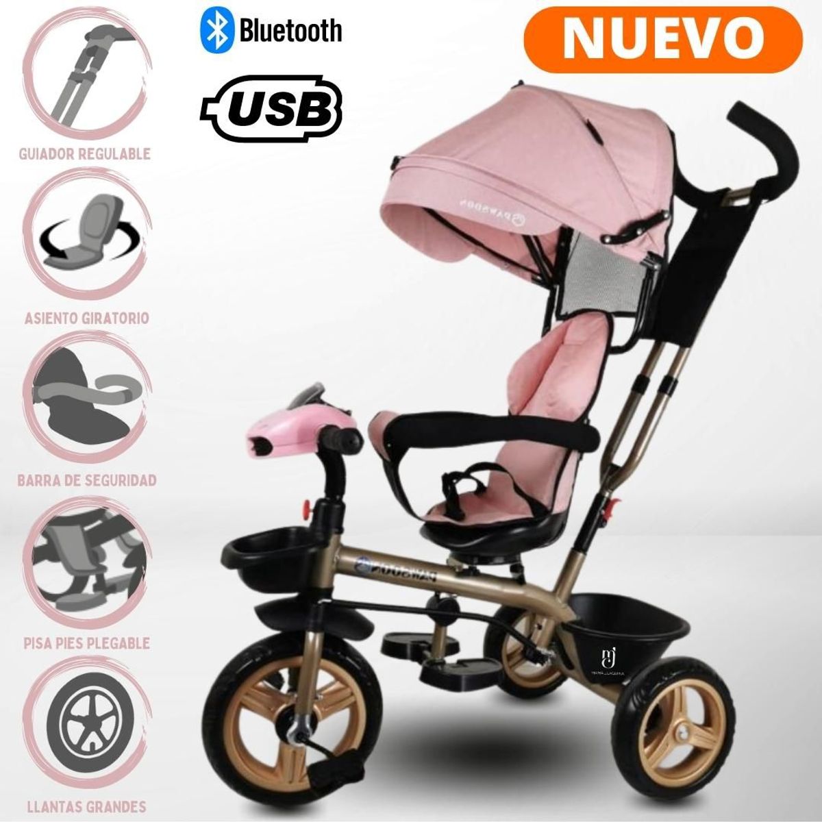 PAWBO - Triciclo Guiador 3 en 1 «PAWSOON» Usb Light Pink