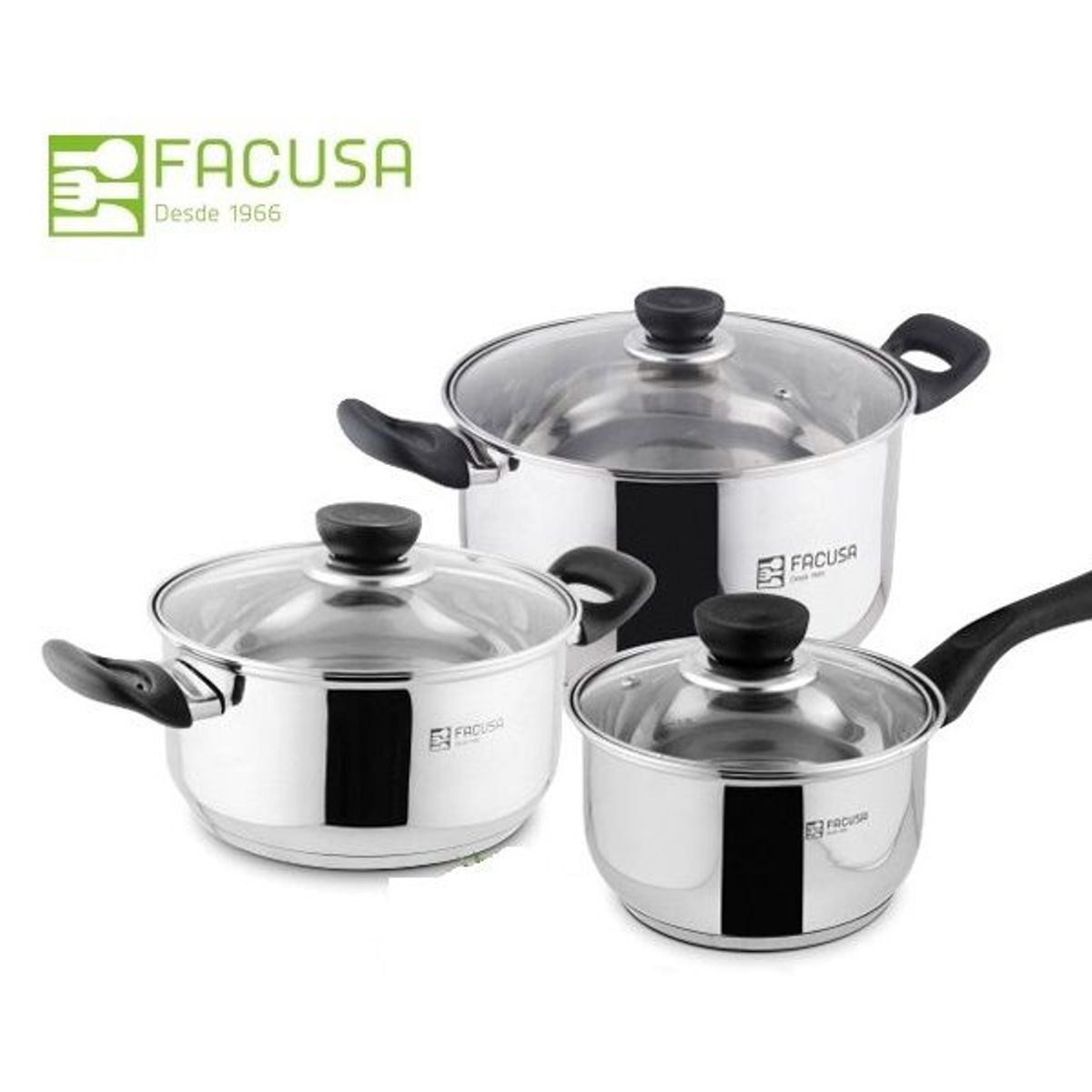 FACUSA - Juego de Ollas Acero Inoxidable tapa Vidrio  6 Piezas Facusa