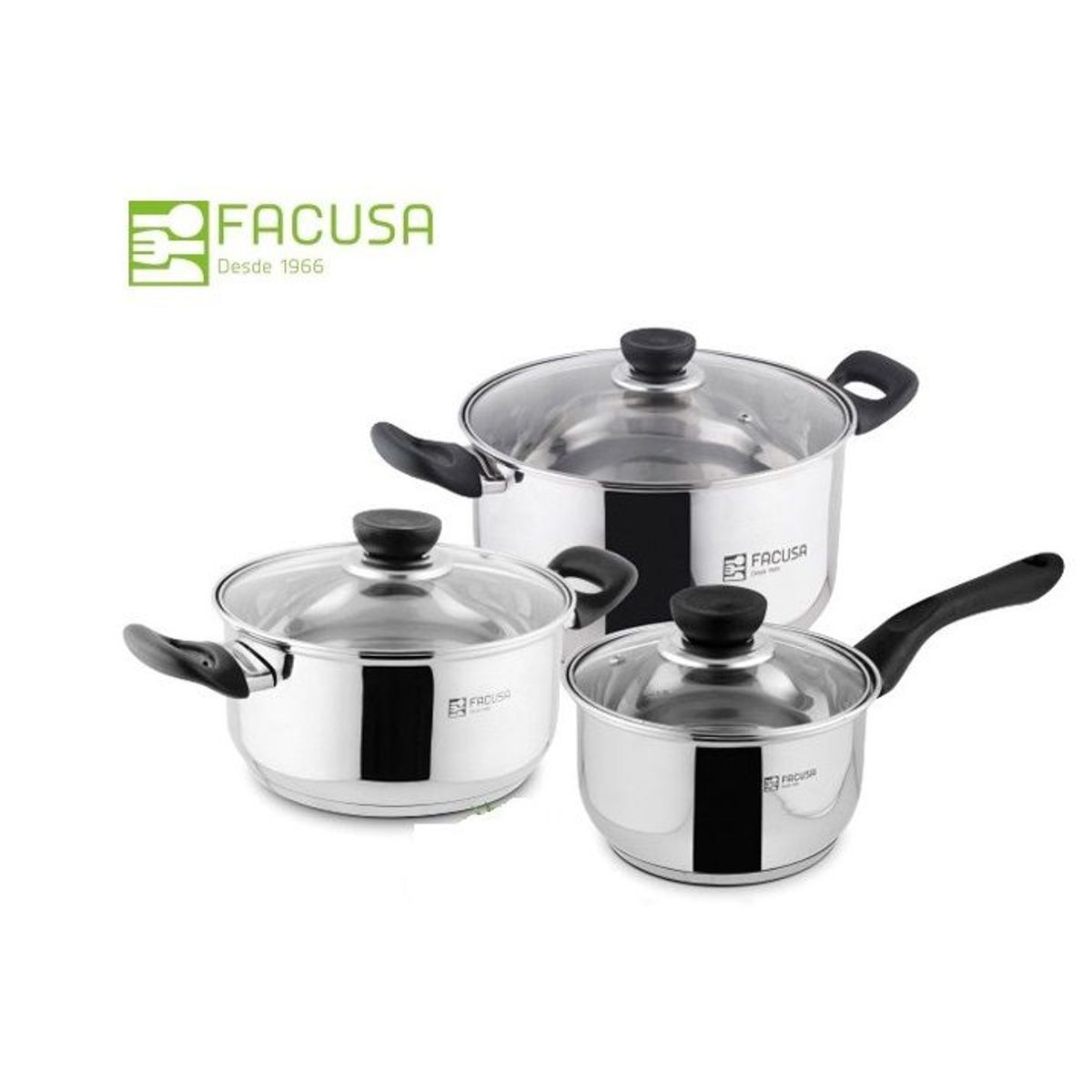 FACUSA - Juego de Ollas Acero Inoxidable tapa Vidrio  6 Piezas Facusa