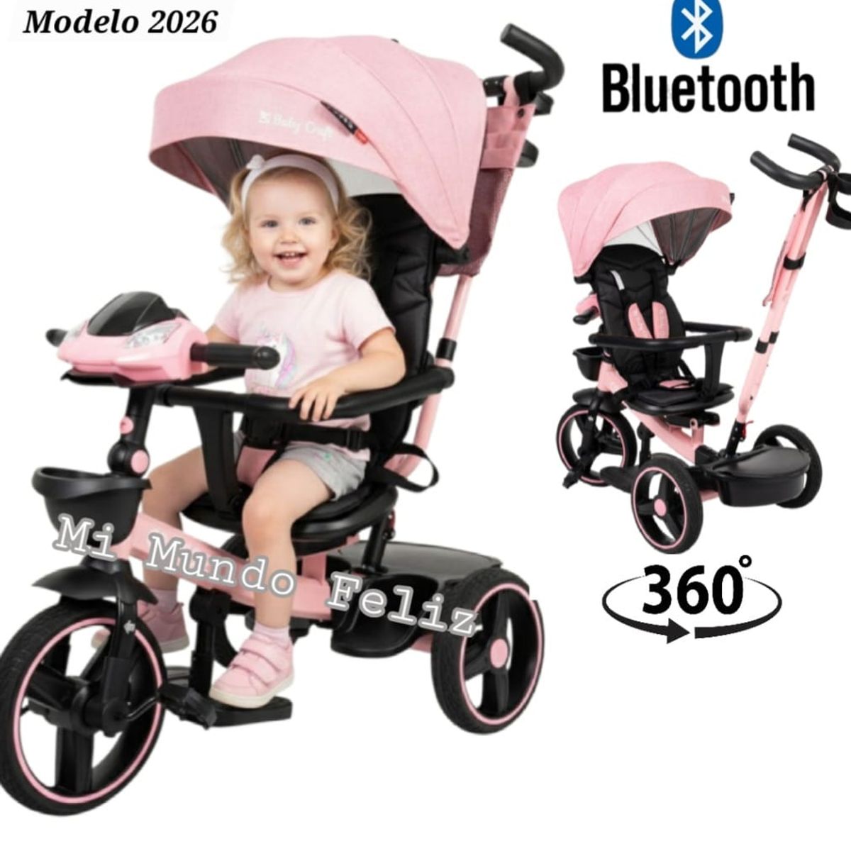 BABY HAPPY - Triciclo para Niños Asiento Giratorio Golden 2026 Rosado
