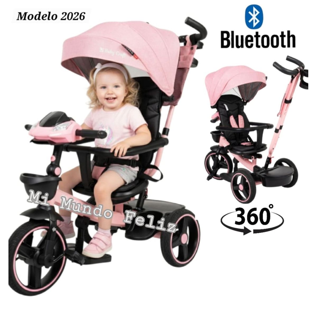 BABY HAPPY - Triciclo para Niños Asiento Giratorio Golden 2026 Rosado