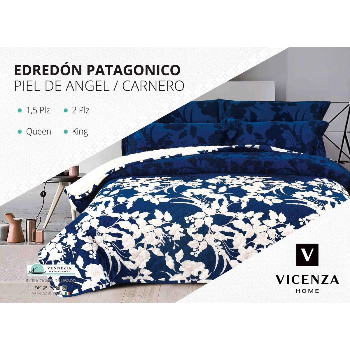 VENECIA - Set de Cubrecama Piel de Ángel con Sherpa 2 Pz  Modelo EUROPEO 100% Algodón