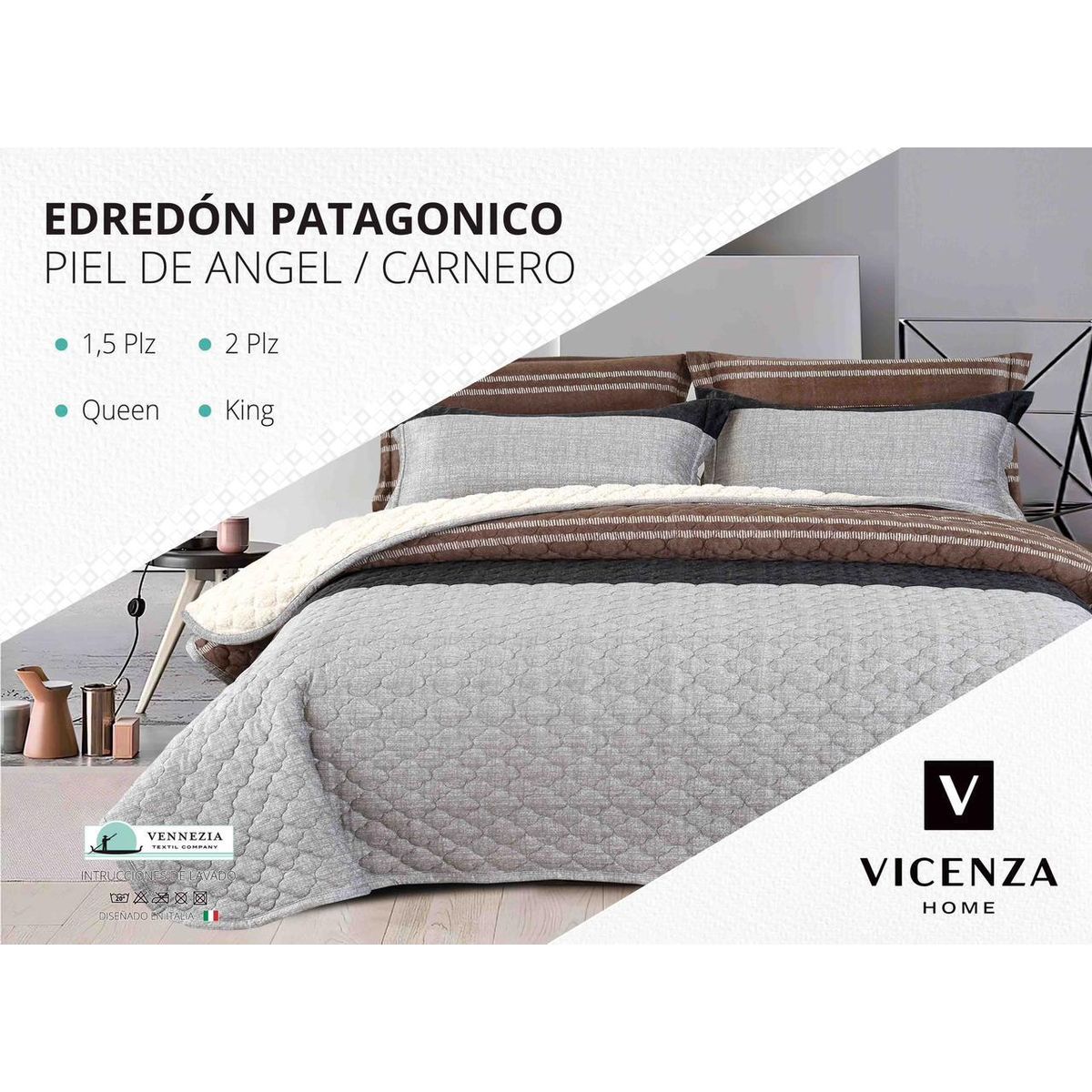 VENECIA - Set de Cubrecama 2 Pz con Carnerito + Fundas + Sabanas de 5 Piezas