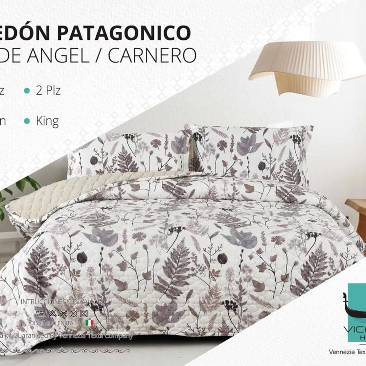 VENECIA - Set de Cubrecama 2 Pz con Carnerito + Fundas + Sabanas de 5 Piezas