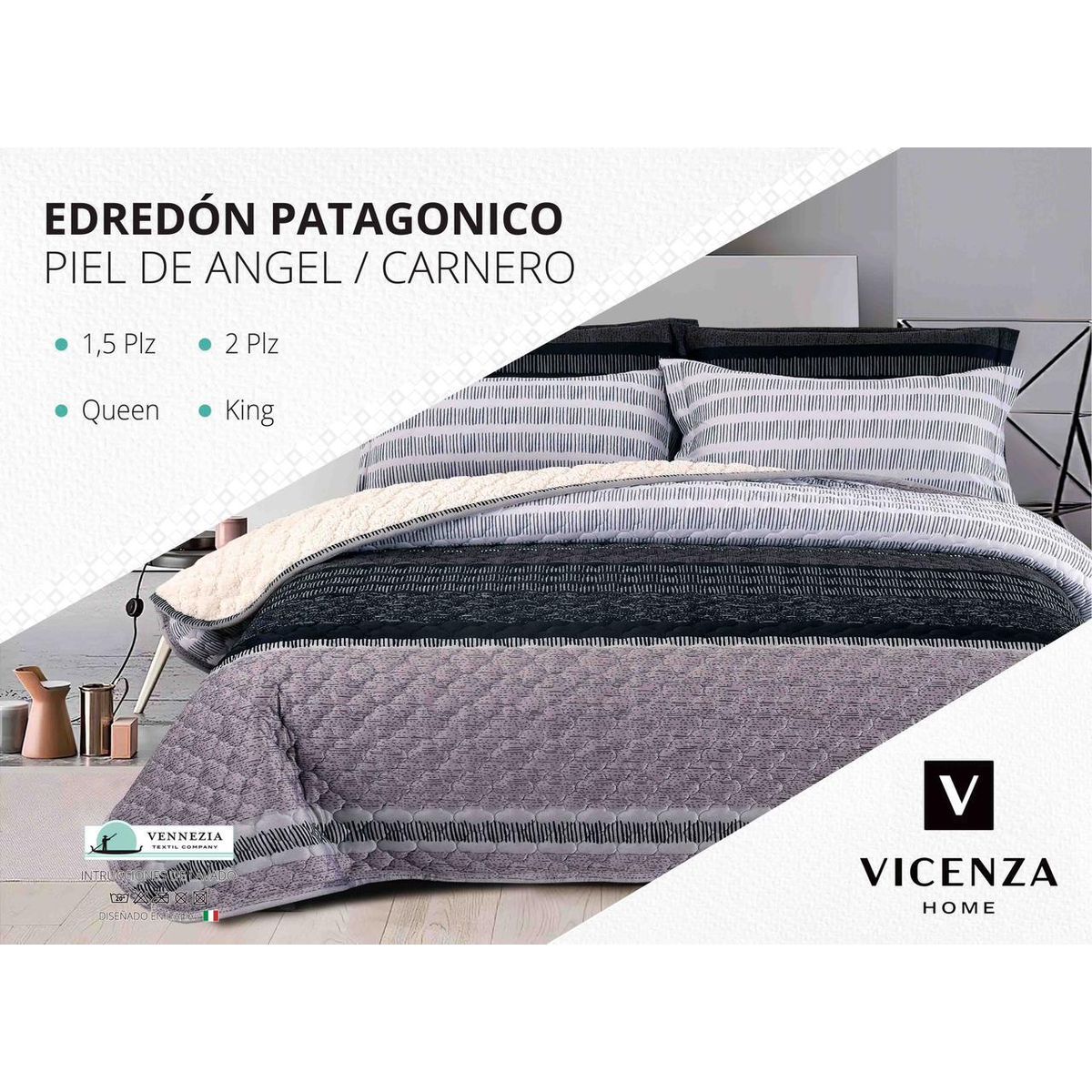 VENECIA - Set de Cubrecama 2 Pz con Carnerito + Fundas + Sabanas de 5 Piezas