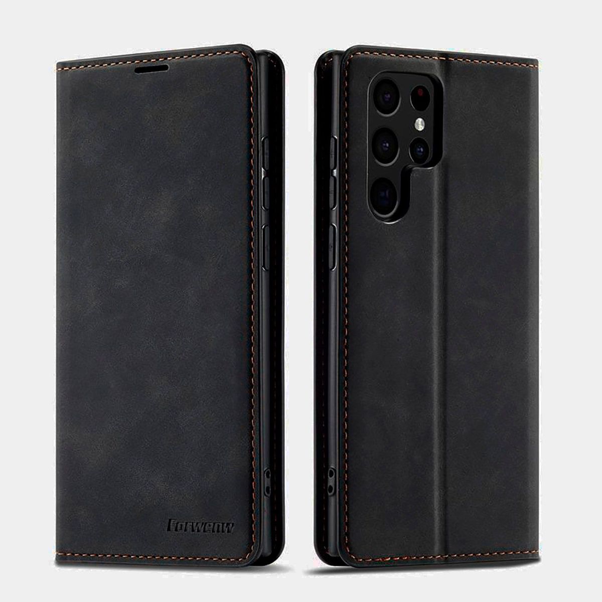 GENERICO - Funda de Cuero PU Para Samsung Galaxy S22 Ultra tapa magnética Negro