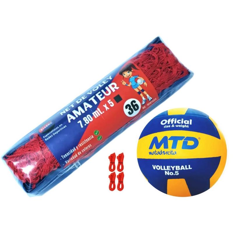 GENERICO - PACK VÓLEY NET AMATEUR Nº 36 ROJO MÁS PELOTA GOMA Nº 5
