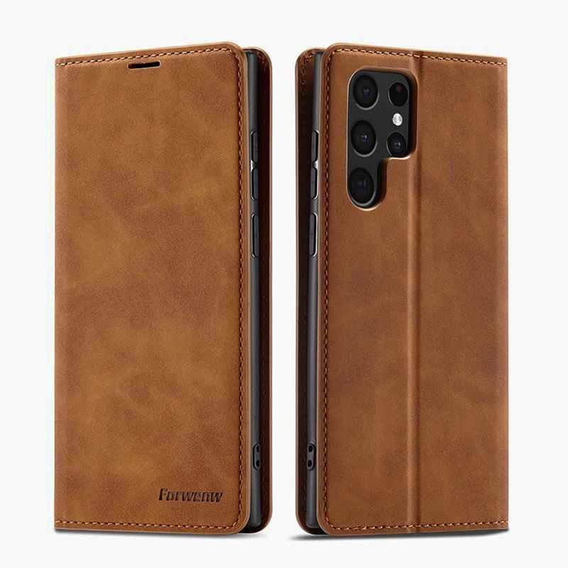 GENERICO - Funda de Cuero PU Para Samsung Galaxy S22 Ultra tapa magnética Marrón
