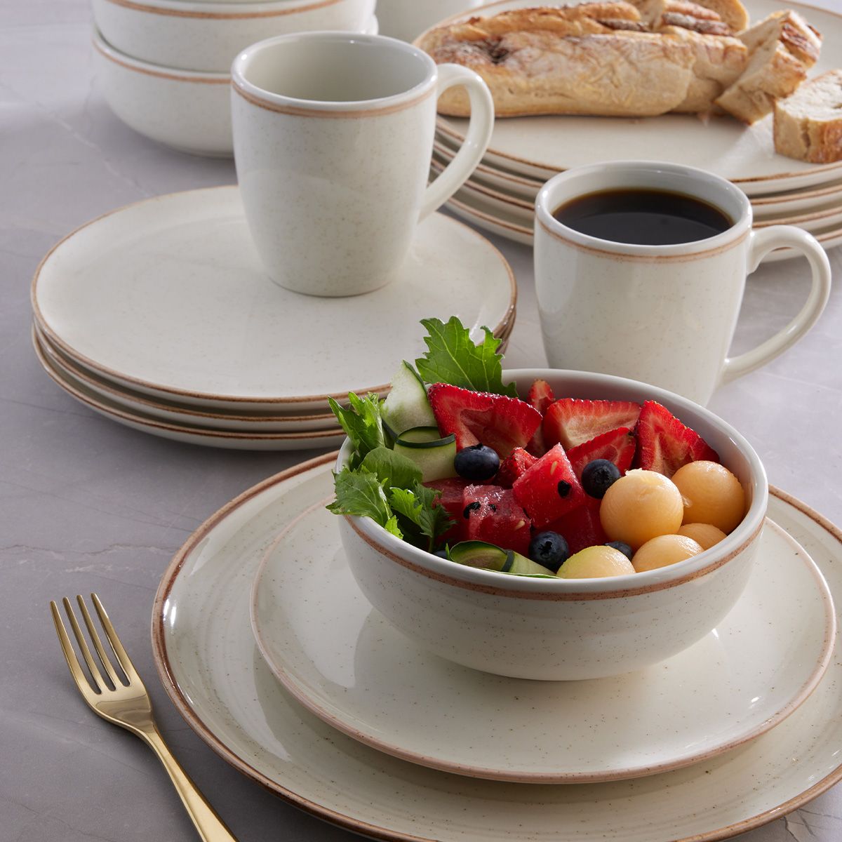 CORONA - Vajilla Corona Caoba Beige 16 Piezas Porcelana Apta Lavavajillas