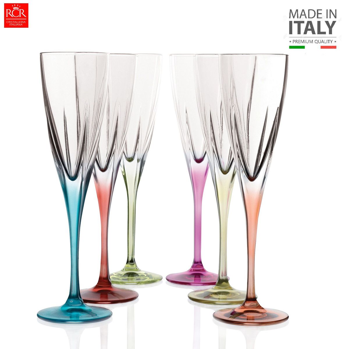 RCR  ITALIA - Set de copas x 6 Flauta Cristal Color - RCR - Hecho en Italia