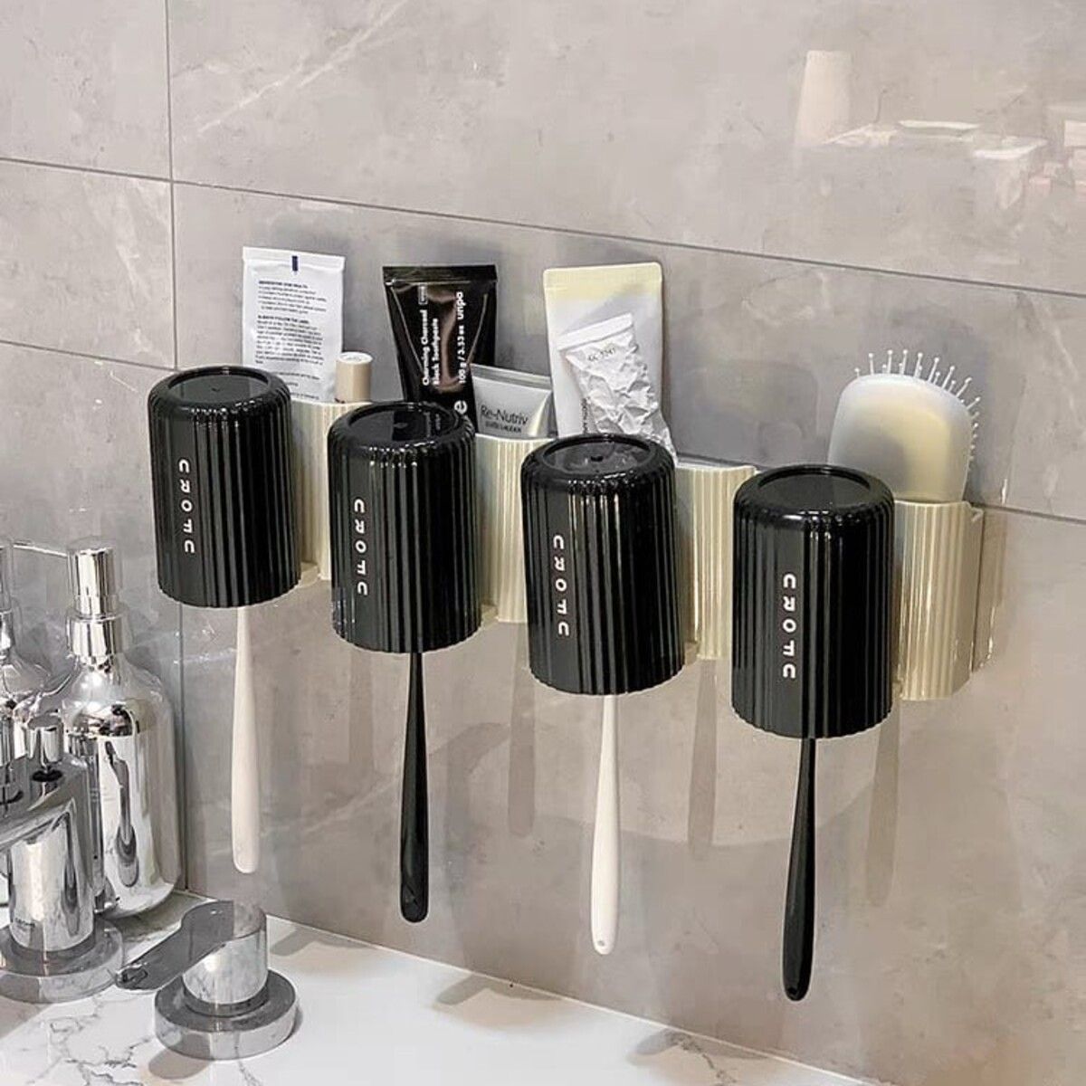 ELMEJORPRECIO - Organizador de baño minimalista UFORU de 4 vasos Negro