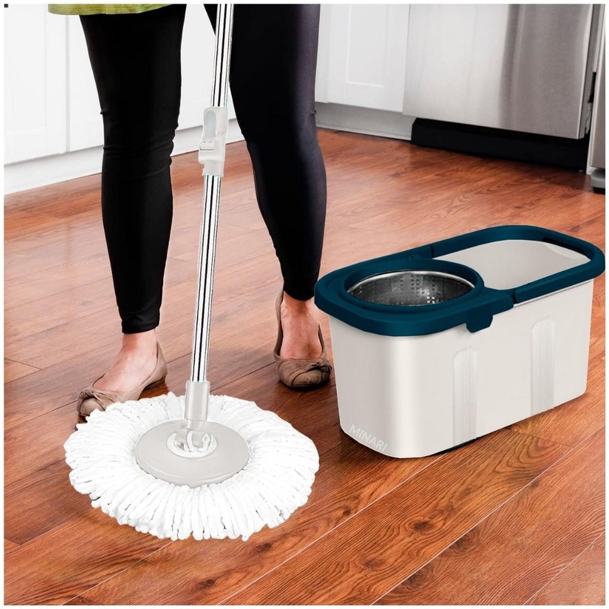 MINARI - Trapeador Premium Escurridor Giratorio 2 Mopas GR / AZ T02V