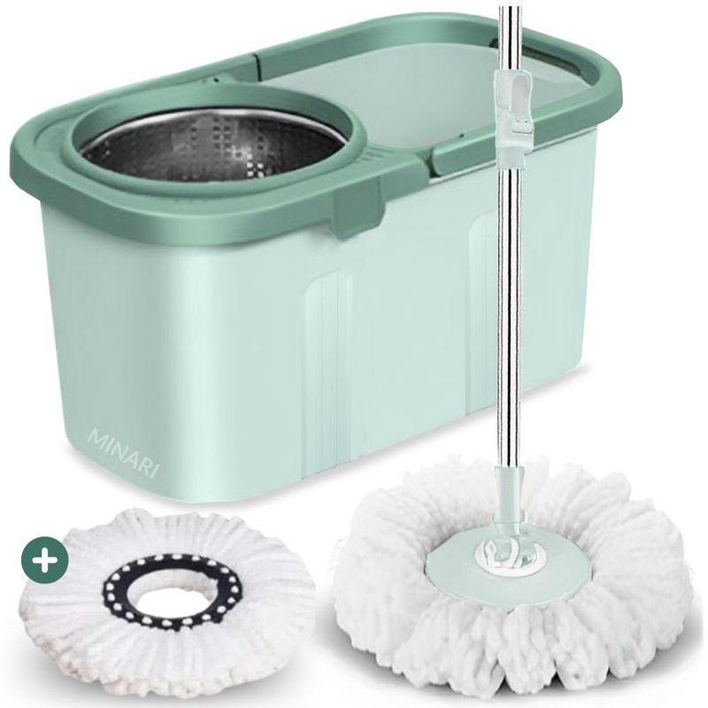 MINARI - Trapeador Premium Escurridor Giratorio 2 Mopas Verde T02V